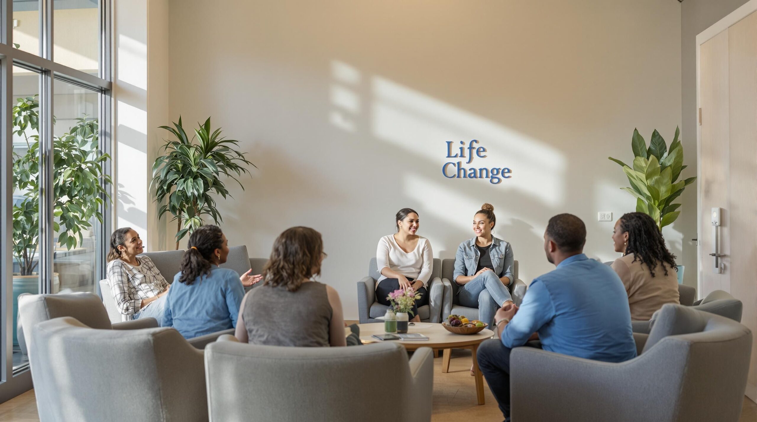 Group meeting in rehab center lobby with 'Life Change' sign