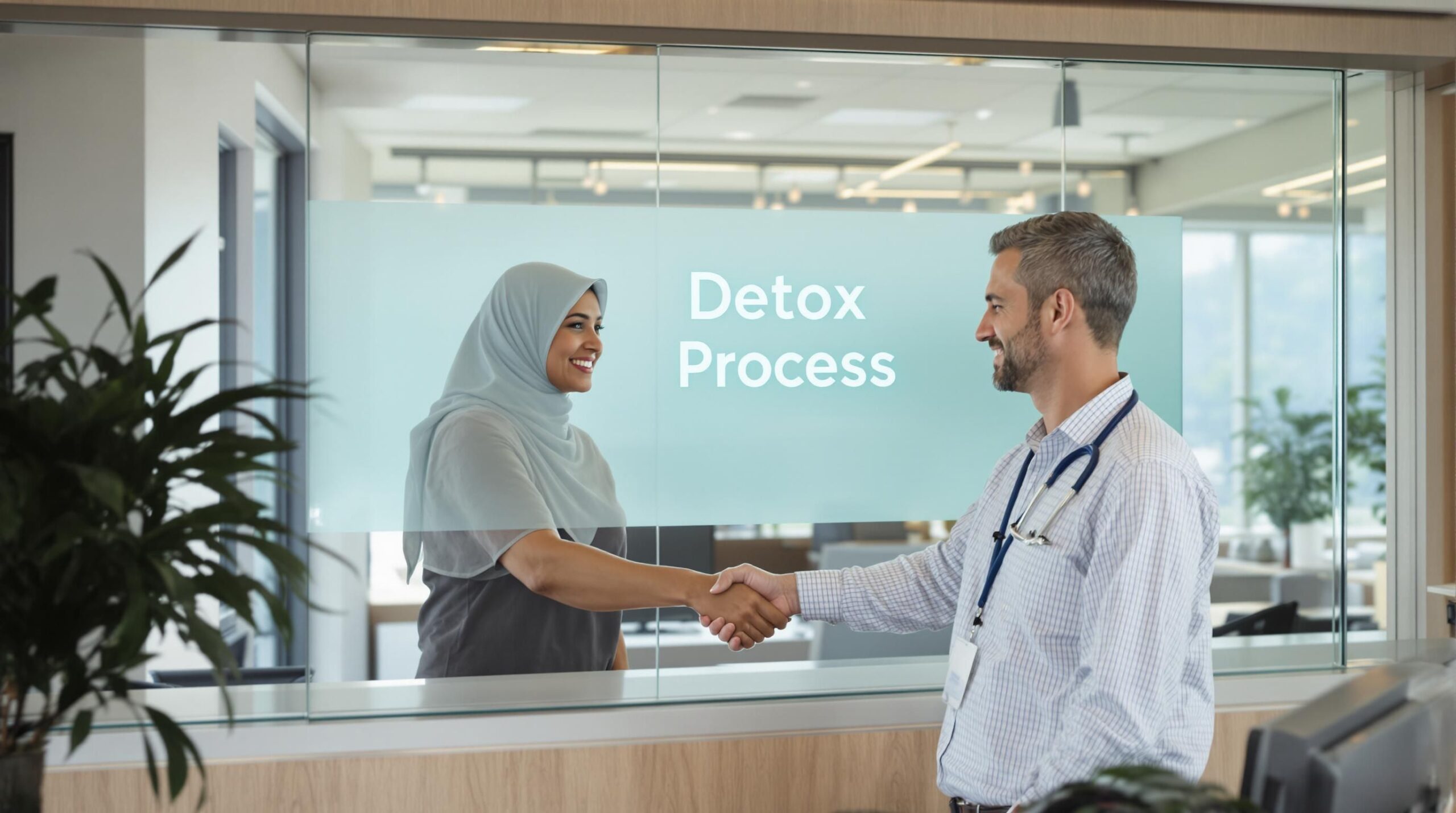 Patient and clinician greet in rehab lobby with 'Detox Process' etched on glass