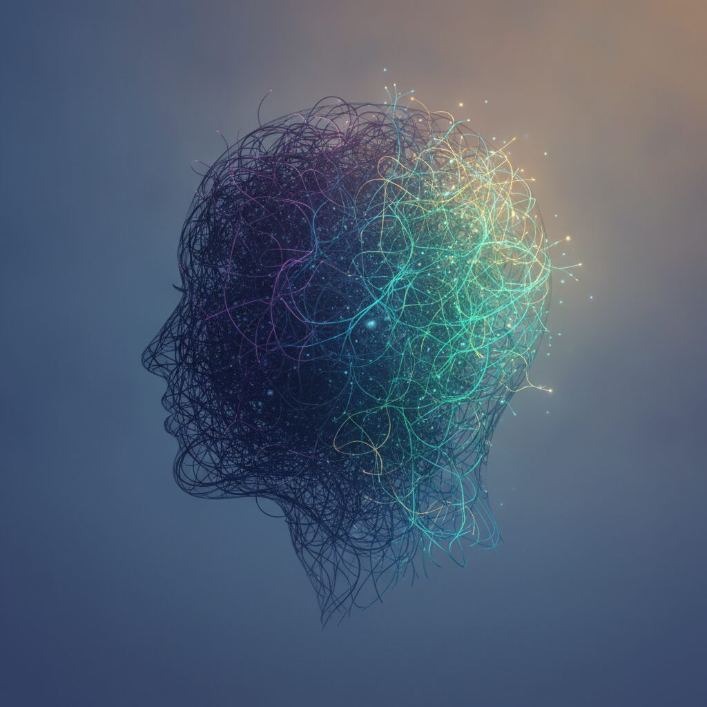Human head made of neural lines shifting from dark tangles into glowing color, symbolizing brain recovery after addiction