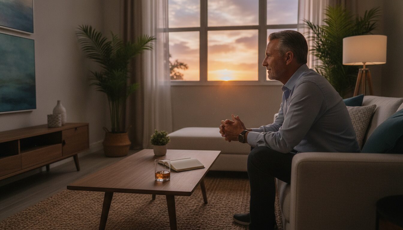 A man contemplates breaking the cycle of self-medicating anxiety with alcohol in a calm setting.