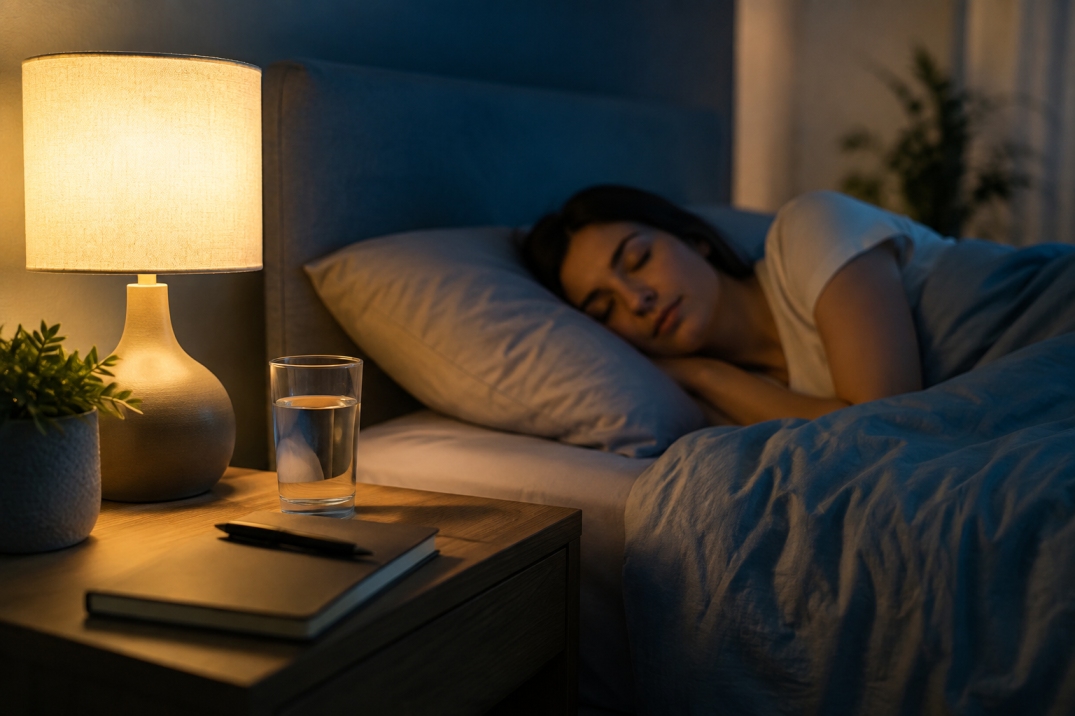 Sleep hygiene in addiction recovery with a person sleeping peacefully in a comfortable bedroom