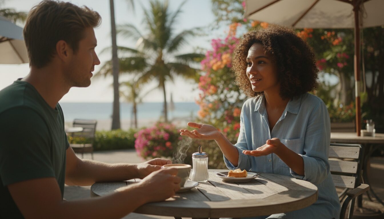 Two friends talking at a cafe, illustrating the process of rebuilding friendships after sobriety.