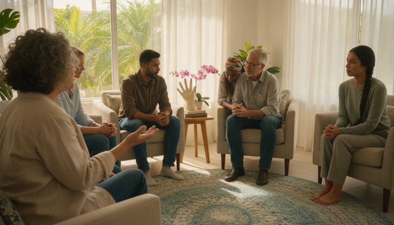 A diverse group of people find support for imposter syndrome in recovery during a group therapy session.