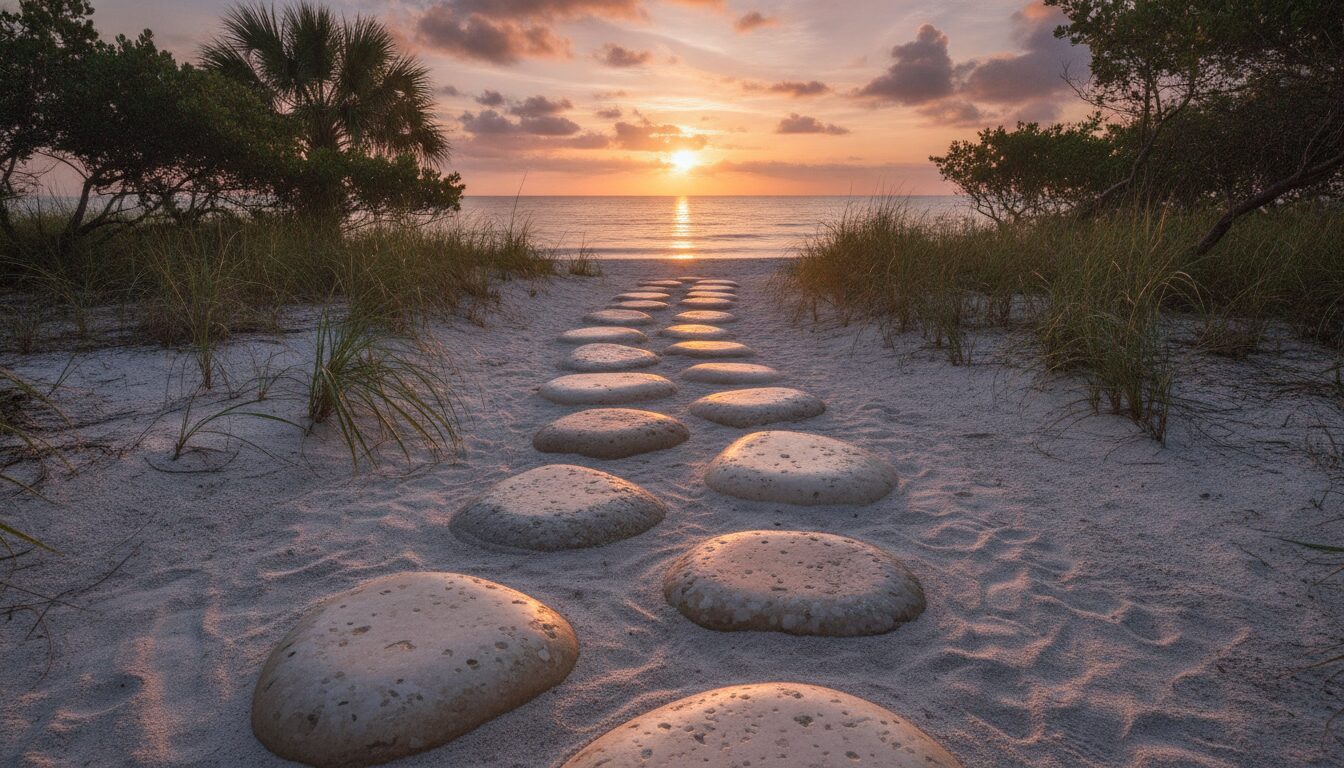 Stepping stones on a path representing the levels of care in addiction treatment, leading toward a sunrise.