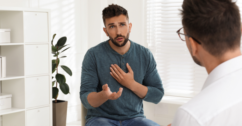 Man talking to therapist in Xanax addiction treatment